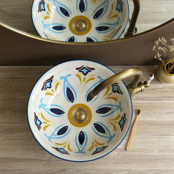 Chậu lavabo đặt bàn Kanly sứ hoa văn SU403