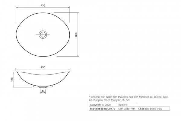 Chậu lavabo đặt bàn Kanly bằng đồng RSC047V/046V