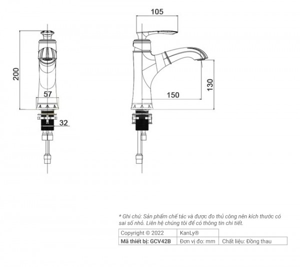 Vòi nước lavabo nóng lạnh có dây rút bằng đồng Kanly GCV42B