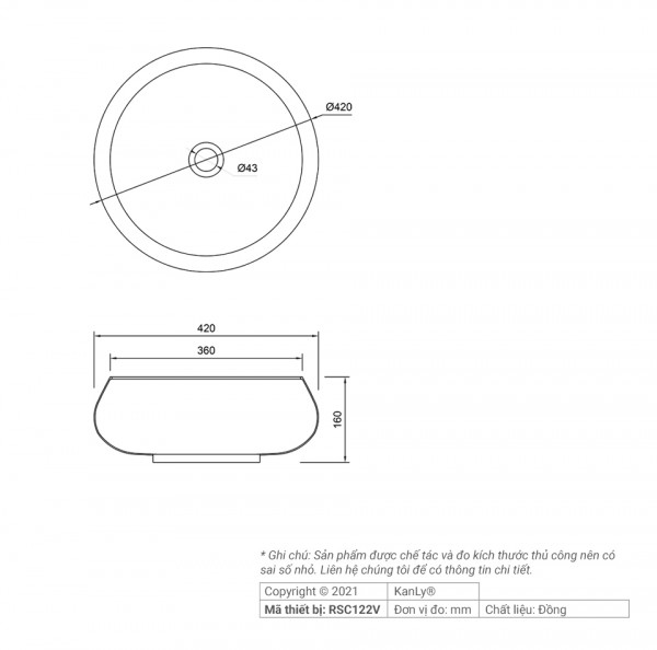Chậu lavabo đặt bàn Kanly bằng đồng RSC122V/21V