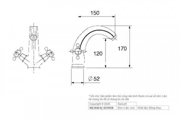 Vòi chậu lavabo nóng lạnh bằng đồng Kanly GCV05B