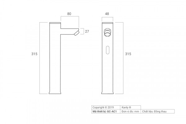 Vòi chậu lavabo cảm ứng bằng đồng Kanly GCAC1/VC1