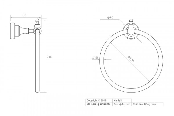 Vòng treo khăn bằng đồng Kanly GCK02B