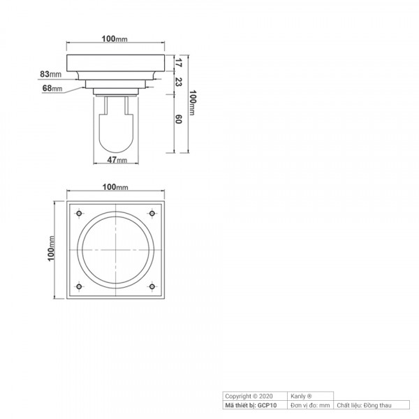 Phễu thoát sàn bằng đồng 10x10cm Kanly GCP10