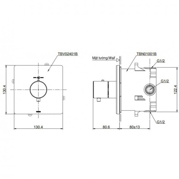 Van điều chỉnh nhiệt độ TOTO TBV02401B kèm phụ kiện âm tường TBN01001B