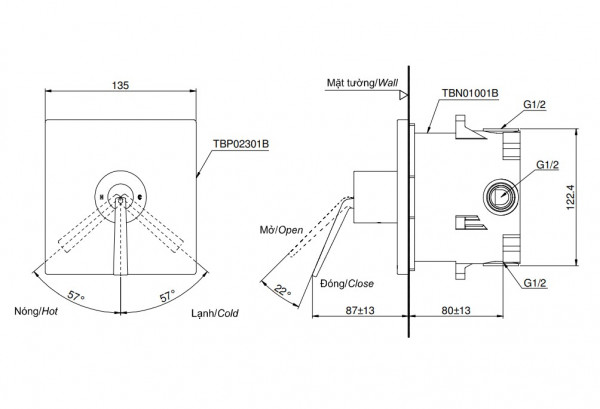 Van gật gù điều chỉnh nóng lạnh TOTO TBP02301BA kèm phụ kiện âm tường TBN01001B
