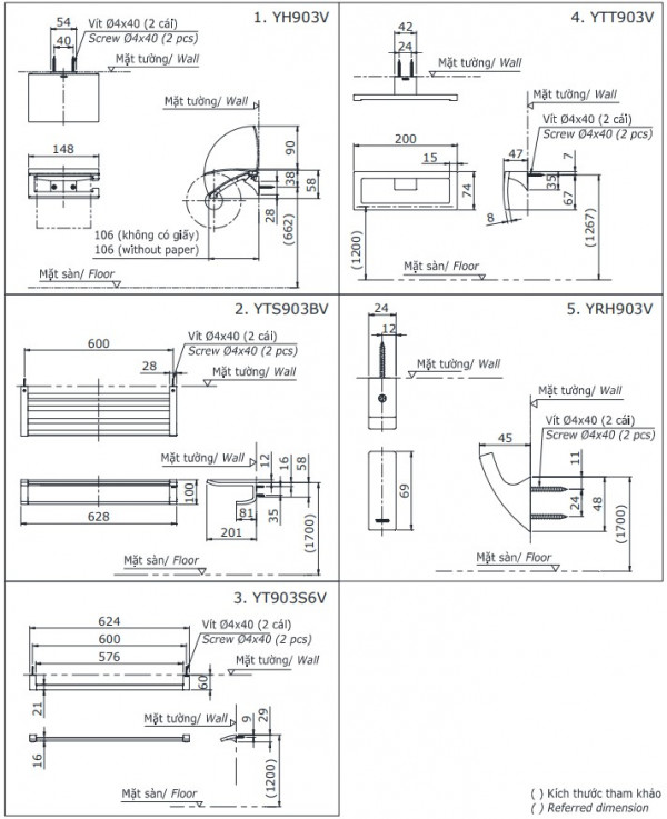 Bộ phụ kiện nhà tắm TOTO YS903N5V (5 món, vuông, G Series)