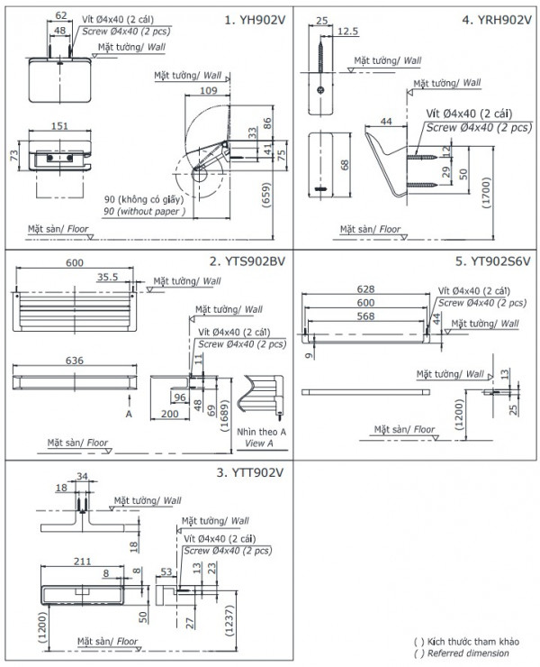 Bộ phụ kiện nhà tắm TOTO YS902N5V (5 món, tròn, G Series)