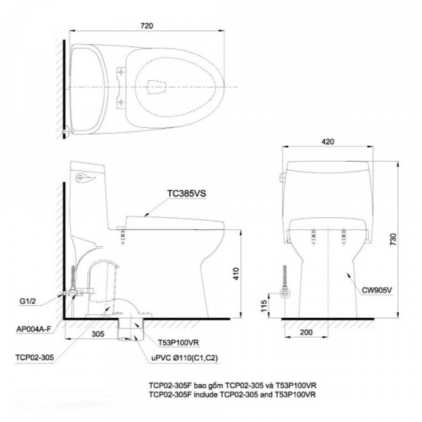 Bồn cầu 1 khối nắp rửa điện tử C5 TOTO MS905W6