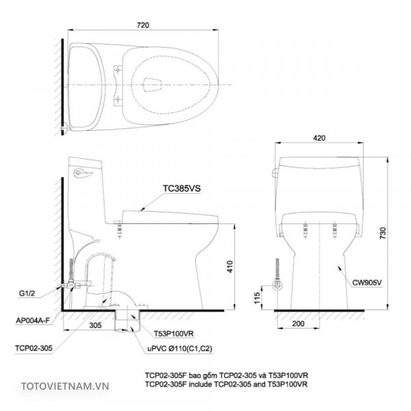 Bồn cầu TOTO MS905W11 1 khối nắp điện tử Washlet S7 TCF4911Z