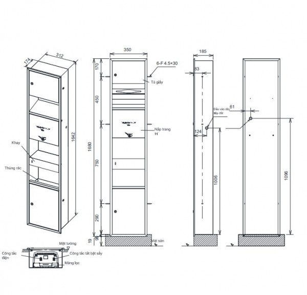 Máy sấy tay âm tường TOTO TYC602P kèm lô giấy vệ sinh và thùng rác