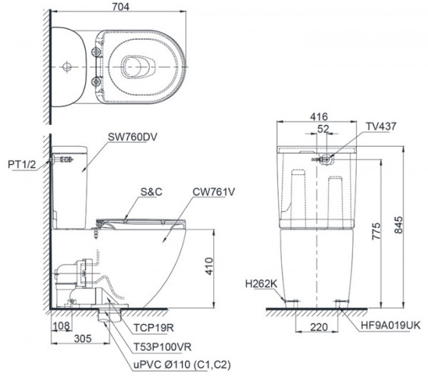 Bồn cầu 2 khối nắp rửa điện tử S7 TOTO CS761PDW5
