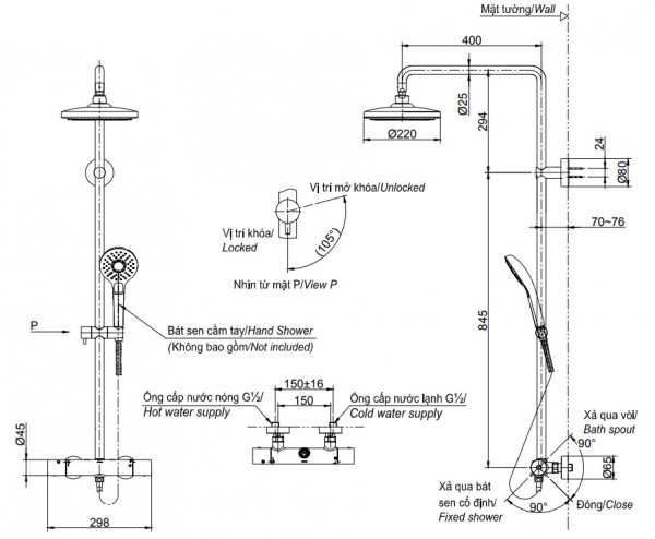 Bản vẽ kỹ thuật vòi sen tắm đứng nhiệt độ TOTO TBW01404AA dòng G 2 chế độ kèm vòi xả bồn