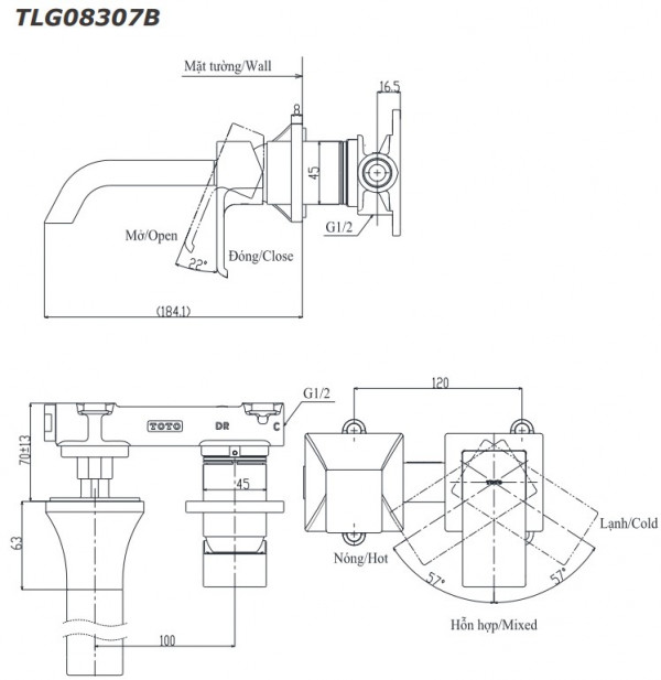 Vòi lavabo nóng lạnh gắn tường GC TOTO TLG08307BA (TLG08307B)