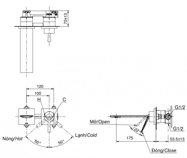 Vòi lavabo nóng lạnh gắn tường ZL TOTO TLP02309BA