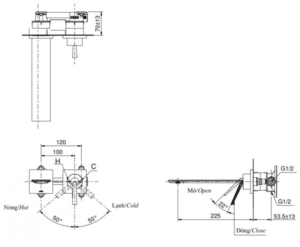 Vòi lavabo nóng lạnh gắn tường ZL TLP02310BA (TLP02310B)