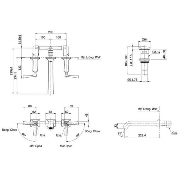 Vòi lavabo nóng lạnh gắn tường TOTO DLB202#PG