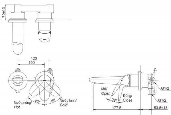 Vòi lavabo nóng lạnh gắn tường LC TOTO TLS03307B
