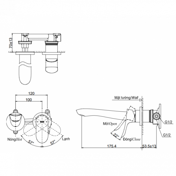 Vòi lavabo nóng lạnh gắn tường GO TOTO TLG01311BB