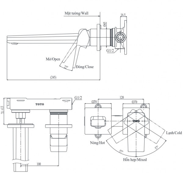 Vòi lavabo nóng lạnh gắn tường GB TOTO TLG10308BB (TLG10308B)