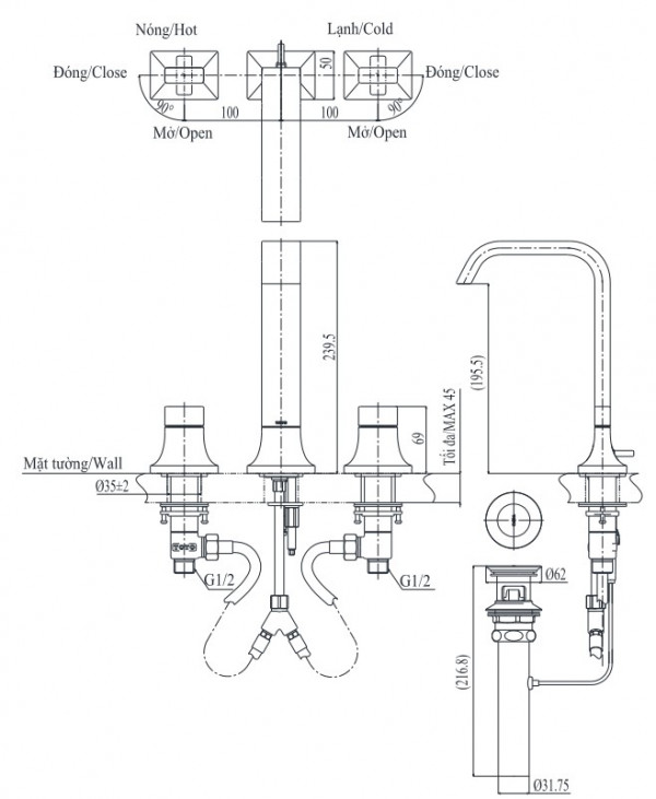 Vòi lavabo nóng lạnh GE TOTO TLG08201B