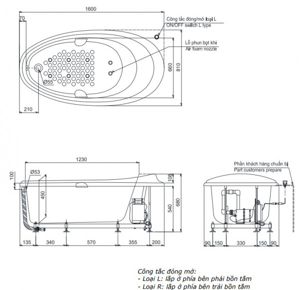 Bồn tắm massage TOTO PPYB1610LHPTE#P ngọc trai 1m6 tay vịn