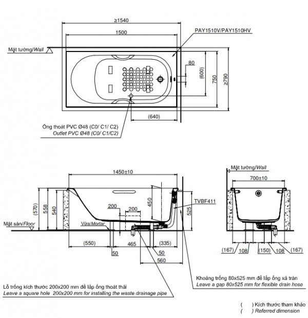 Bồn tắm TOTO PAY1510HV#W nhựa 1m5 tay vịn