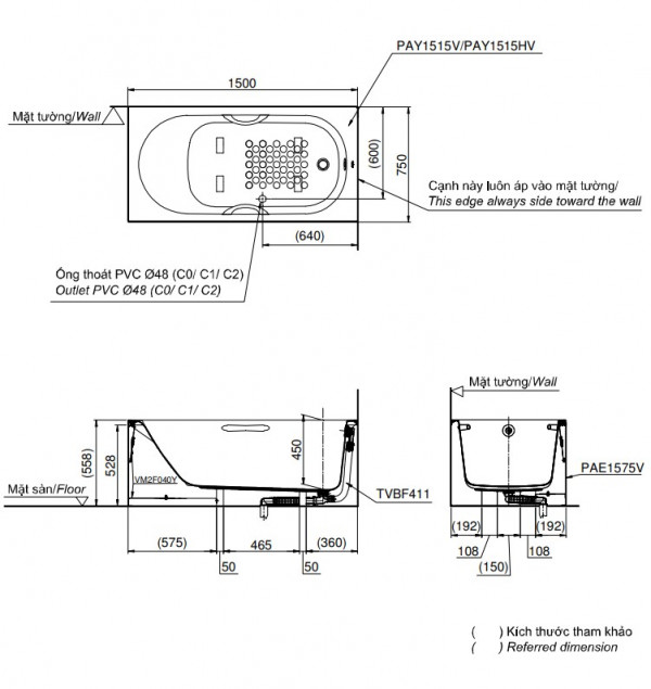 Bồn tắm yếm TOTO PAY1515VC#W nhựa 1m5
