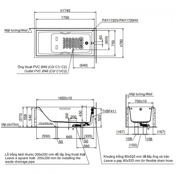 Bồn tắm TOTO PAY1720V#W nhựa 1m7