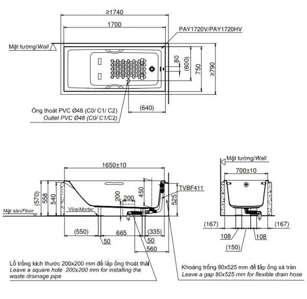 Bồn tắm TOTO PAY1720HV#W nhựa 1m7 tay vịn