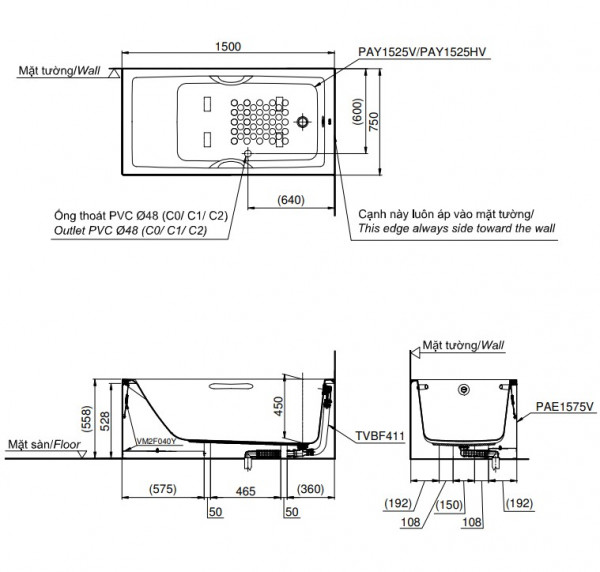 Bồn tắm yếm TOTO PAY1525HVC#W nhựa 1m5 tay vịn