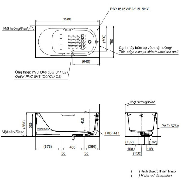Bồn tắm yếm TOTO PAY1515HVC#W nhựa 1m5 tay vịn