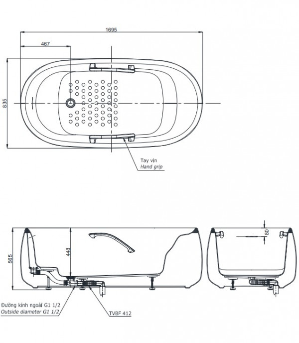 Bồn tắm đặt sàn TOTO PJY1744PWEN#GW TVBF412 GALALATO 1m7 gồm ống thải
