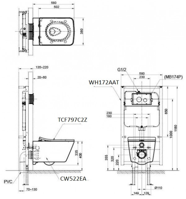 Bồn cầu treo tường điện tử SX (giấu dây) xả tự động TOTO CW522EA TCF797C2Z WH172AAT MB171M
