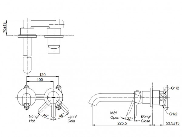 Vòi lavabo nóng lạnh gắn tường LB TOTO TLS01310B