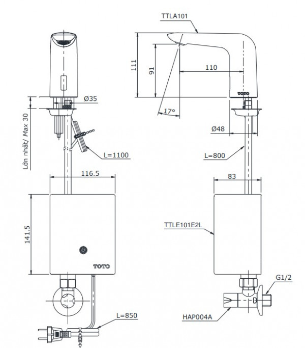 Vòi lavabo cảm ứng TOTO TTLA101 TTLE101E2L HAP004A (nước lạnh - dùng điện)