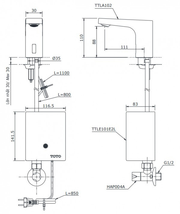 Vòi lavabo cảm ứng TOTO TTLA102 TTLE101E2L HAP004A(nước lạnh - dùng điện)