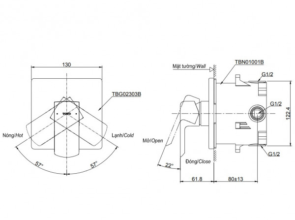 Van gật gù điều chỉnh nóng lạnh TOTO TBG02303BA kèm phụ kiện âm tường TBN01001B