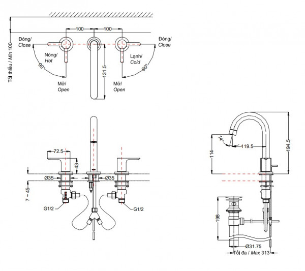 Vòi lavabo nóng lạnh LB TOTO TLS01201BA