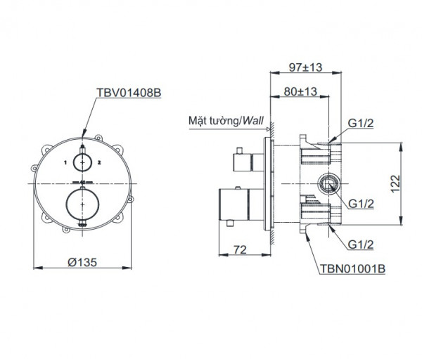 Van điều chỉnh nhiệt độ kèm nút chuyển hướng và phụ kiện âm tường TOTO TBV01408B TBN01001B