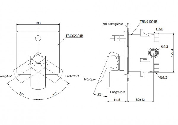 Van gật gù điều chỉnh nóng lạnh kèm nút chuyển hướng và phụ kiện âm tường TOTO TBG02304BA TBN01001B