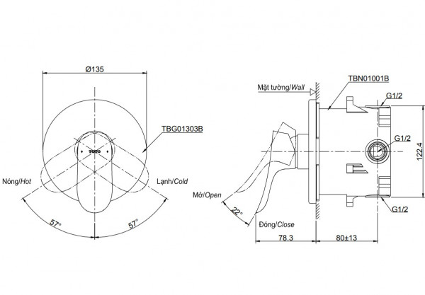 Van gật gù điều chỉnh nóng lạnh TOTO TBG01303BA kèm phụ kiện âm tường TBN01001B