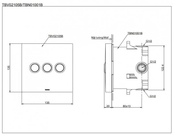 Set sen tắm âm tường 3 đường nước nhiệt độ TOTO GLOBAL FITTINGS TBW02004A