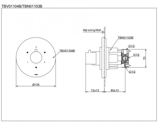 Set sen tắm âm tường 3 đường nước nhiệt độ TOTO GLOBAL FITTINGS TBW01005B