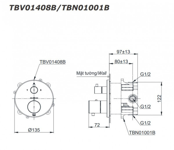 Set sen tắm âm tường 3 đường nước nhiệt độ TOTO GLOBAL FITTINGS TBW01005B