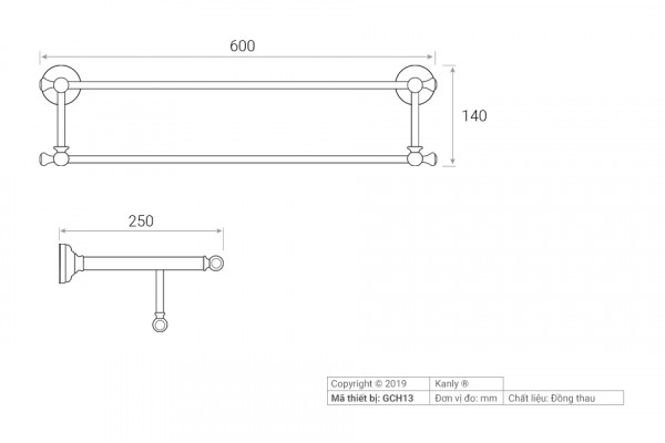 Thanh treo khăn đôi bằng đồng Kanly GCH13