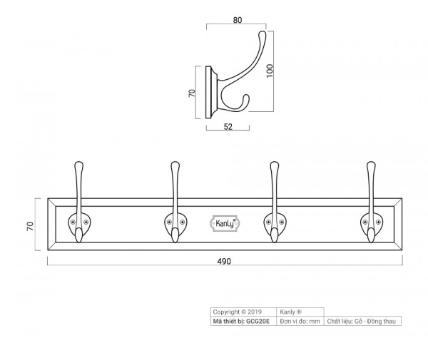 Móc treo áo gỗ và đồng thau Kanly GCG20E