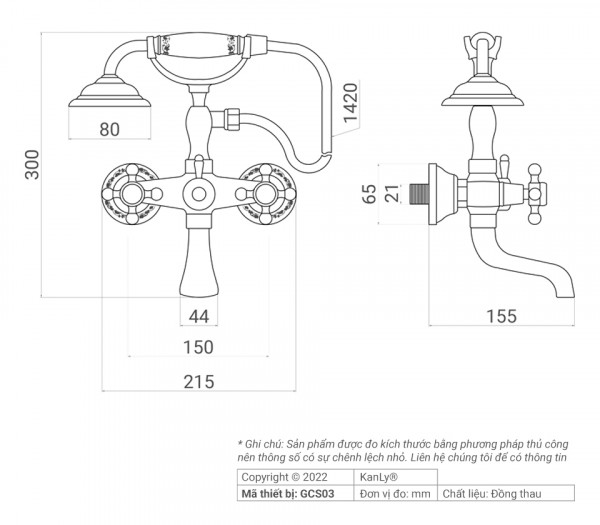 Bộ sen tắm nóng lạnh bằng đồng Kanly GCS03
