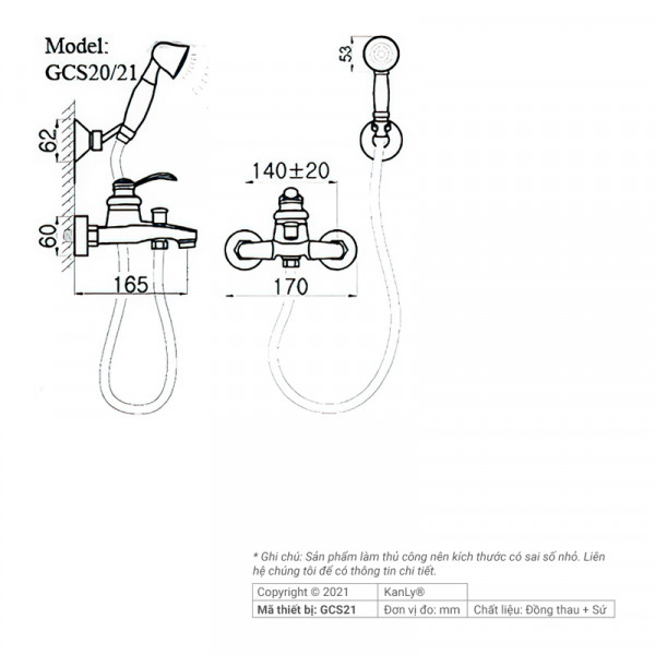 Bộ sen tắm nóng lạnh bằng đồng Kanly GCS21