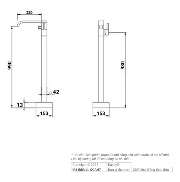Vòi xả bồn đặt sàn nóng lạnh bằng đồng Kanly GCAH7